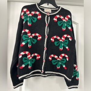 Ninon Vintage Black cotton Sweater with Red and White candy canes. Size Medium